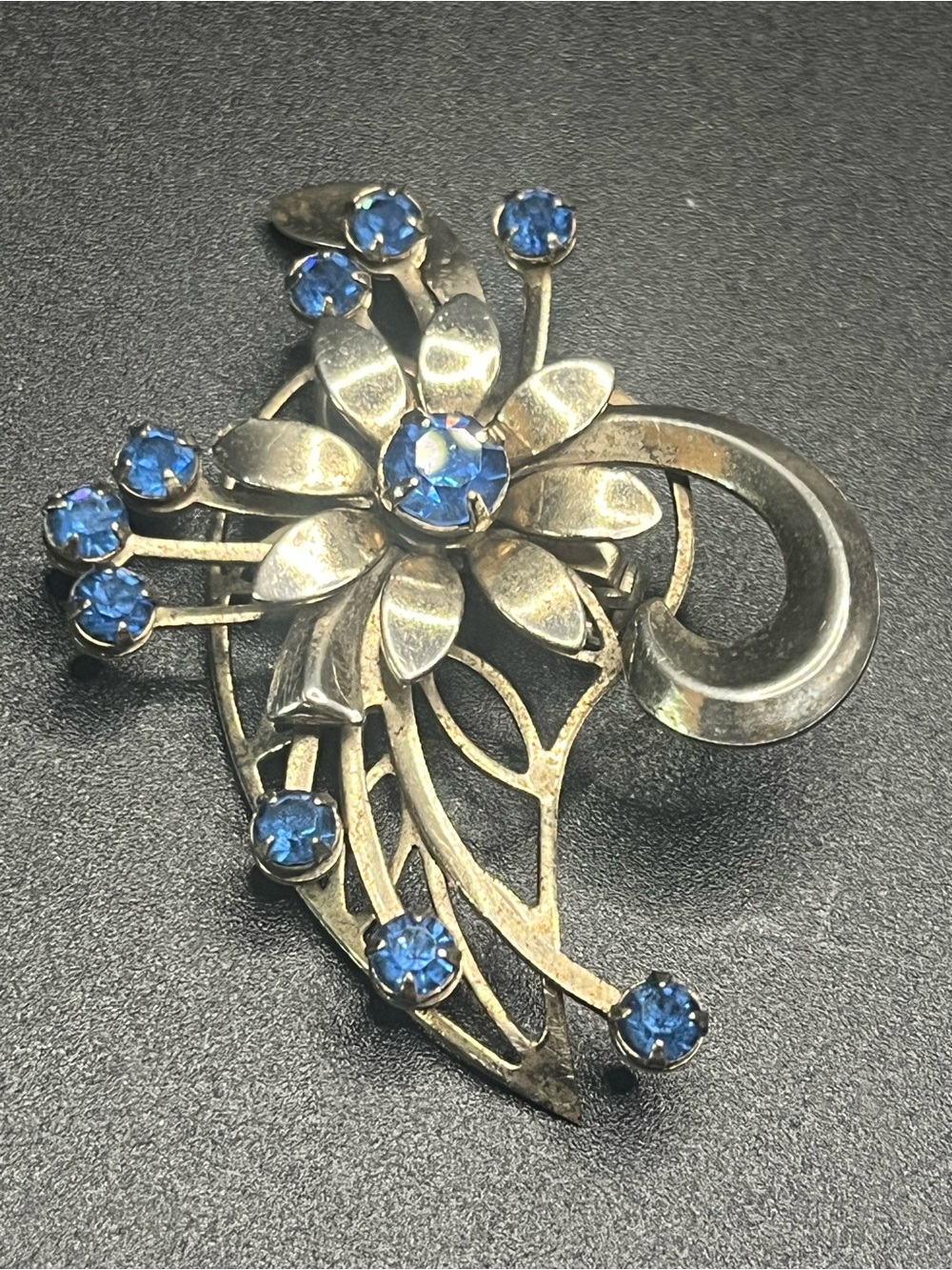 Vintage Blue Rhinestone Floral Spray Brooch Gold Tone Mid Century